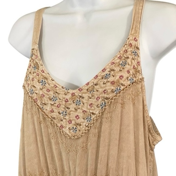 Vintage Floral Embroidered Babydoll Dress Beige Whimsical Forest Fairy Peasant - Picture 4 of 9